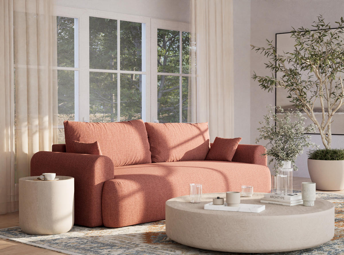 SOFA MIT SCHLAFFUNKTION Toluca Korallenfarbe Webstoff - Koralle/Schwarz, Holz/Holzwerkstoff (247/69/104cm) - Maison de Reve