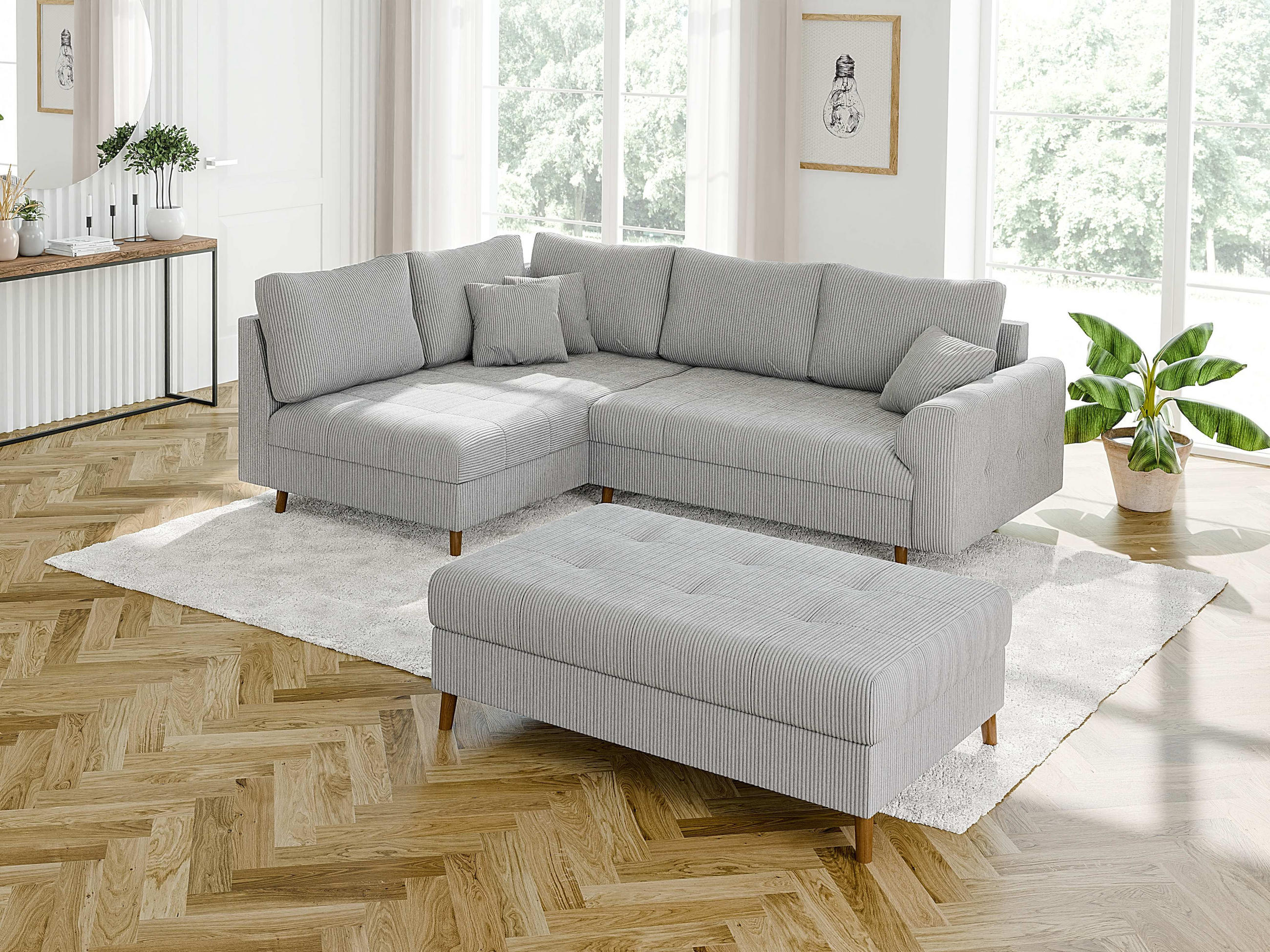 ECKSOFA inkl. Hocker Alma Hellgrau Cord - Ottomane links - Hellgrau/Braun, Holz/Textil (231/161cm) - S-Style Möbel