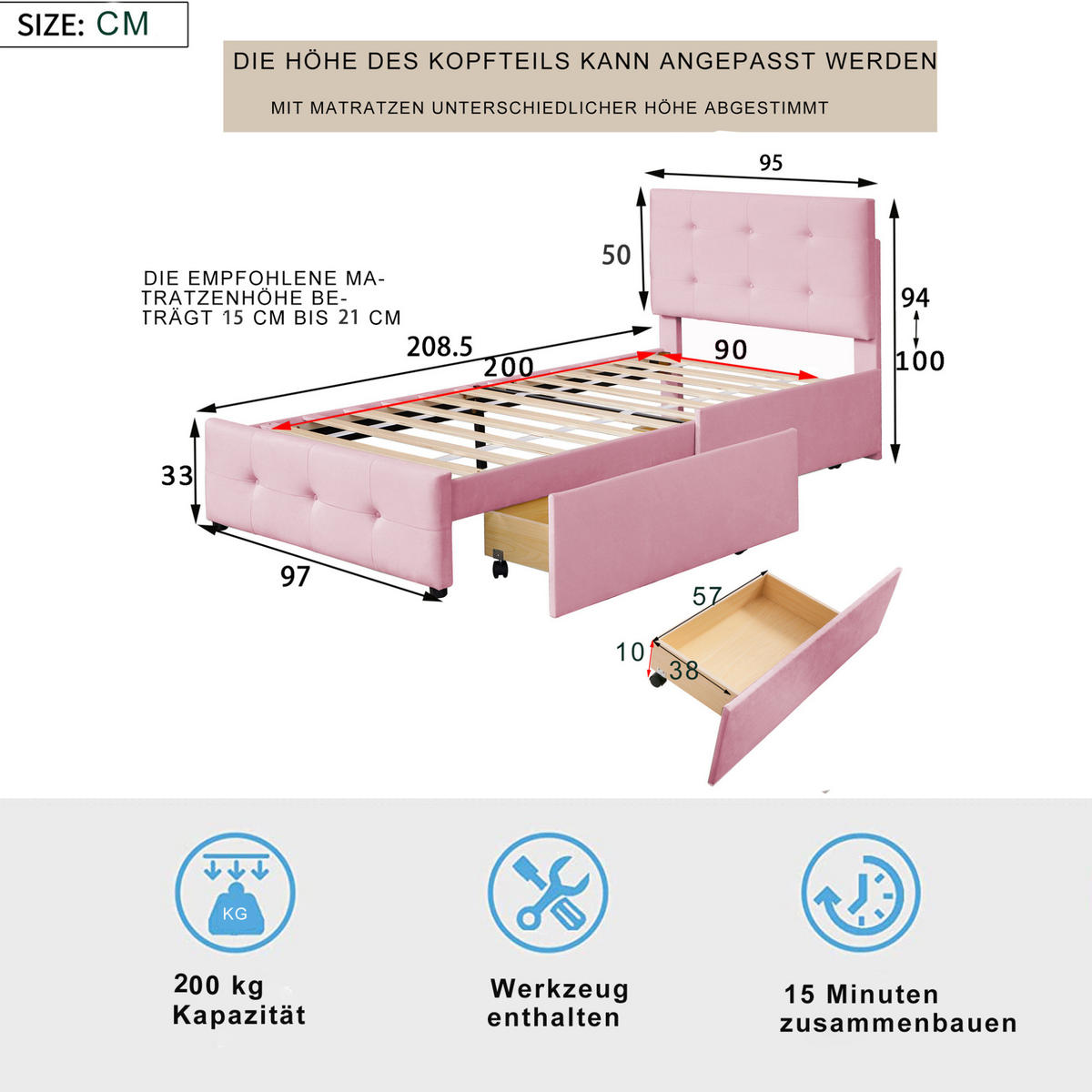 KINDEREINZELBETTEN aus Samt 90x200 cm in Rosa mit Schublade - Rosa, Textil (90/200cm) - Modfu
