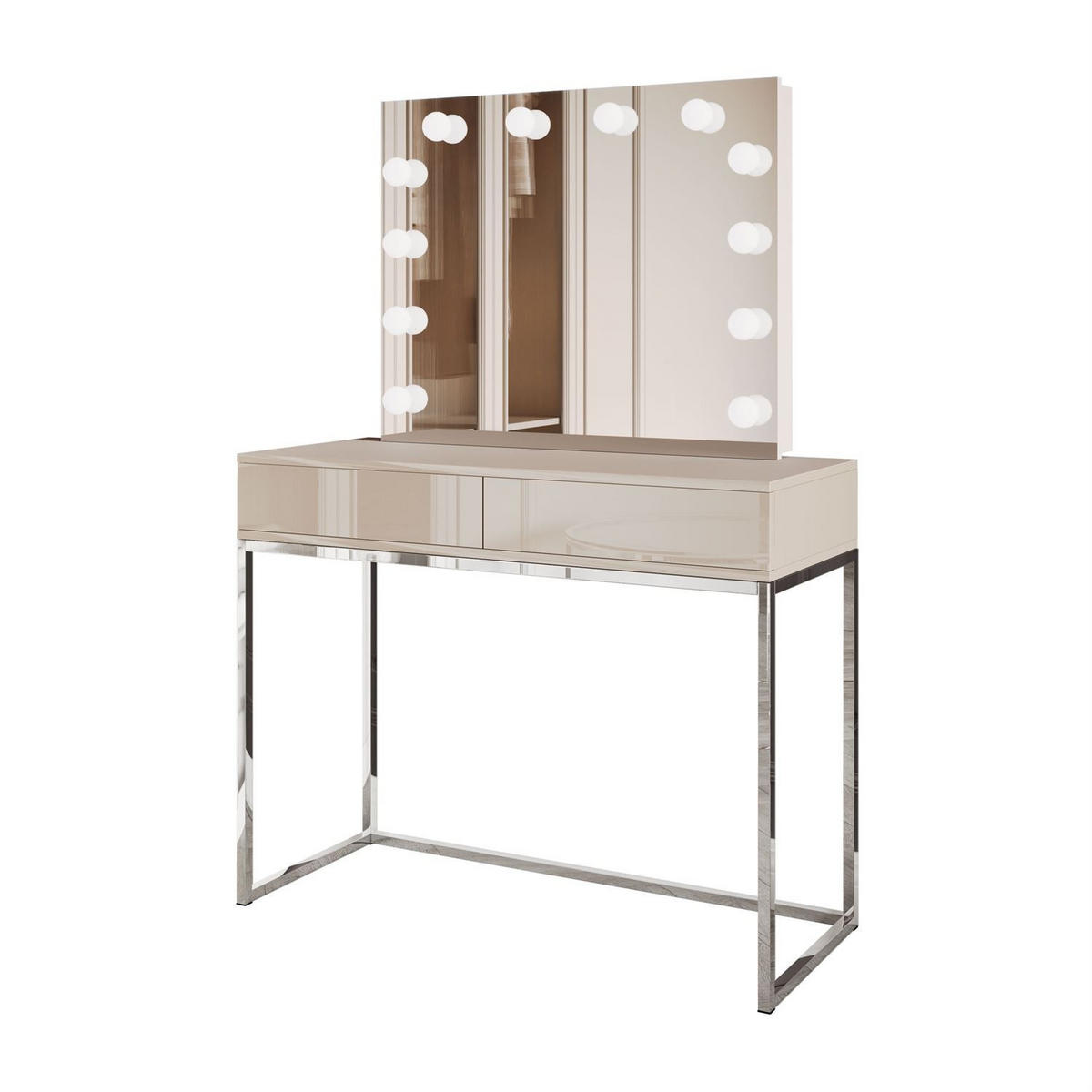 SCHMINKTISCH BLANCO KASCHMIR ELITE mit Spiegel und Beleuchtung silberner Chrom PUSH OPEN - Kaschmir, Holzwerkstoff (100/81/42cm) - Lookway