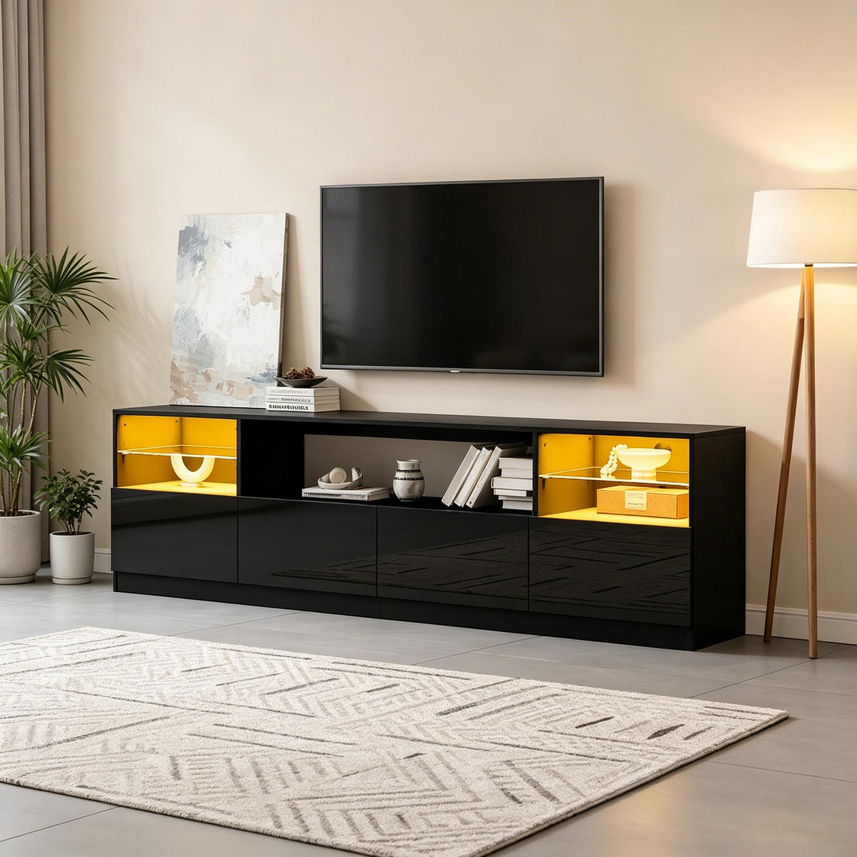 TV-ELEMENT 180/35/60 cm Hochglanz Schwarz mit LED-Beleuchtung und 4 Türen - Schwarz, Holzwerkstoff (35/60/180cm) - Korfee