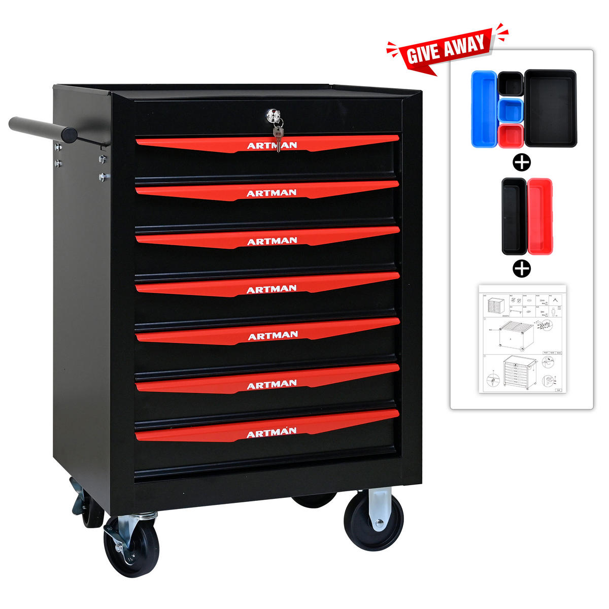 KOMBINATIONS-WERKZEUGSCHRANK – 7 Schubladen – 508 mm (20 Zoll) – Farbgebung: Schwarz und Rot - Multicolor, Metall (33/77.5/60cm) - DCA