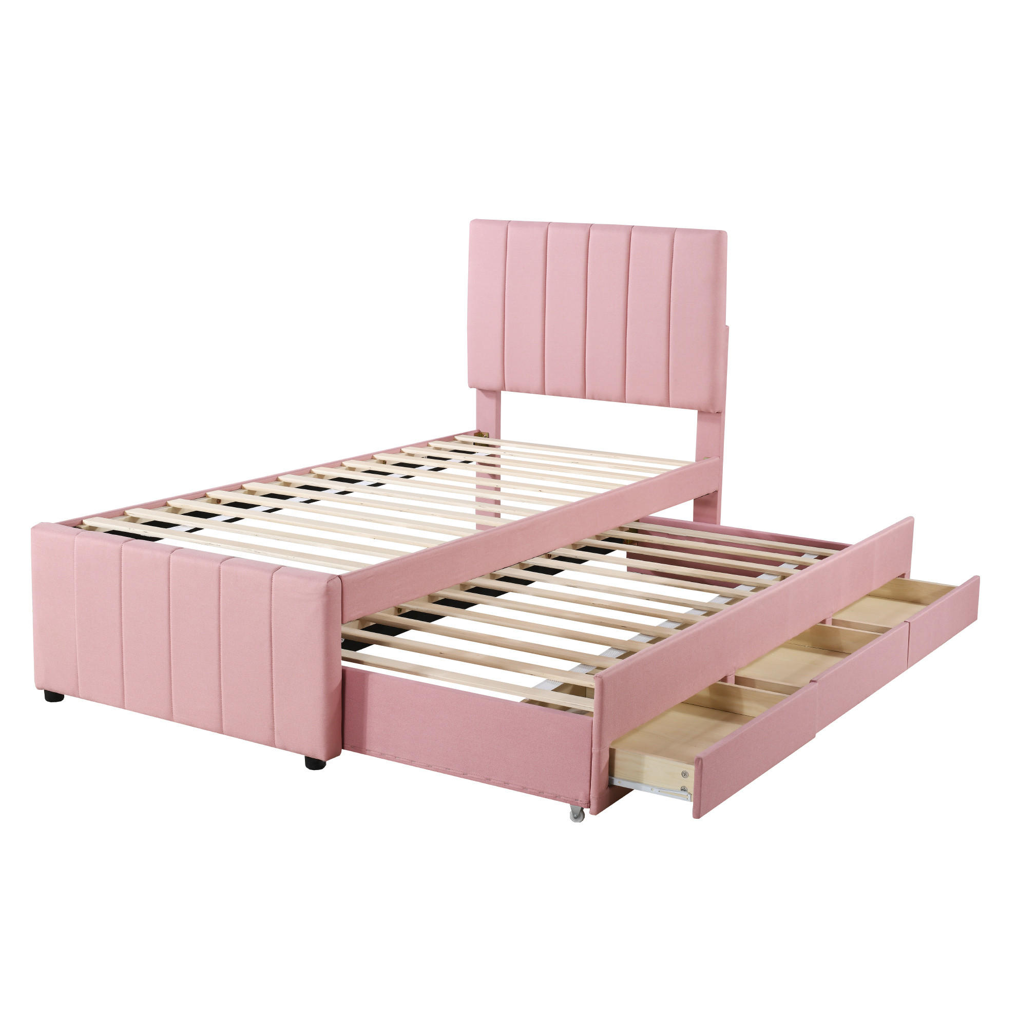 POLSTERBETT 90/200 cm aus Leinen mit Rollbett und 3 Schubladen Rosa - Pink, Textil (90/200cm) - Modenvie