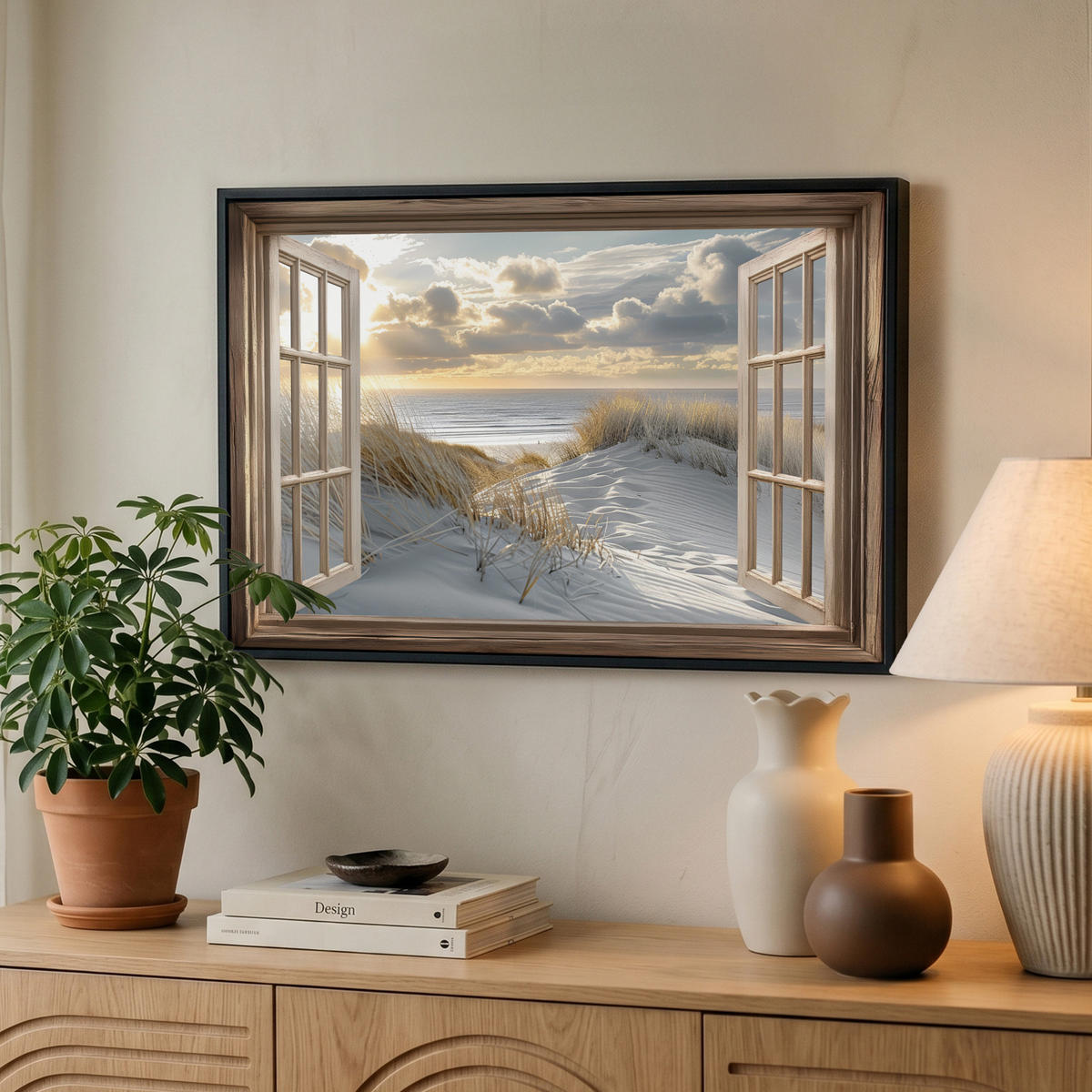 LEINWAND Bilder mit Rahmen - Ausblick - Strand - Dünen - Meer - Natur - 60x40 - Sandfarben, Textil (60/40cm) - MuchoWow