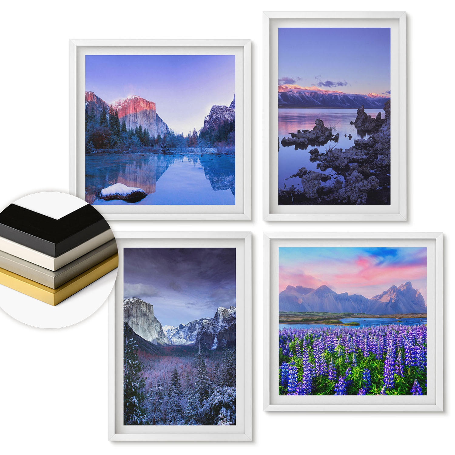 WANDBILDER 4er-Set - 50x50 cm & 40x60 cm Weißer Rahmen - Berglandschaften, Wasser, Blumenfeld - Weiß, Kunststoff (50/50cm) - ArtPrintCave