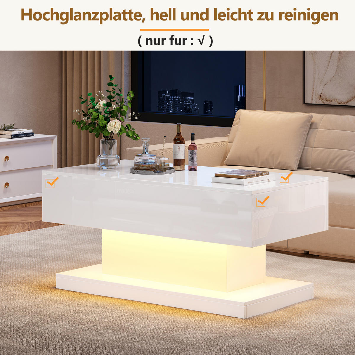 COUCHTISCH Weiß Hochglanz mit Stauraum & Lift-Top - Weiß, Holzwerkstoff/Metall (50/100/45cm) - Urban Meuble