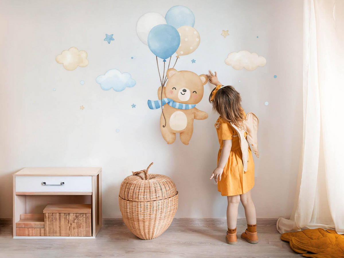 WANDAUFKLEBER 130x186cm - Niedlicher Teddybär mit Luftballons - Multicolor, Kunststoff (130/186/0.1cm) - Wallfluent