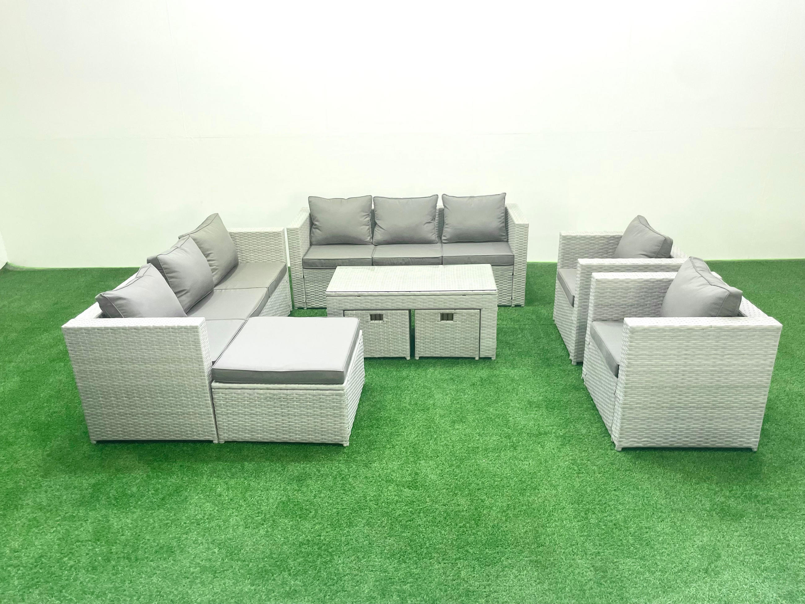 GARTENSOFA hohe Rückenlehne Polyrattan Hellgrau-Mix 11-Sitzer - Hellgrau/Grau, Glas/Kunststoff - Fimous