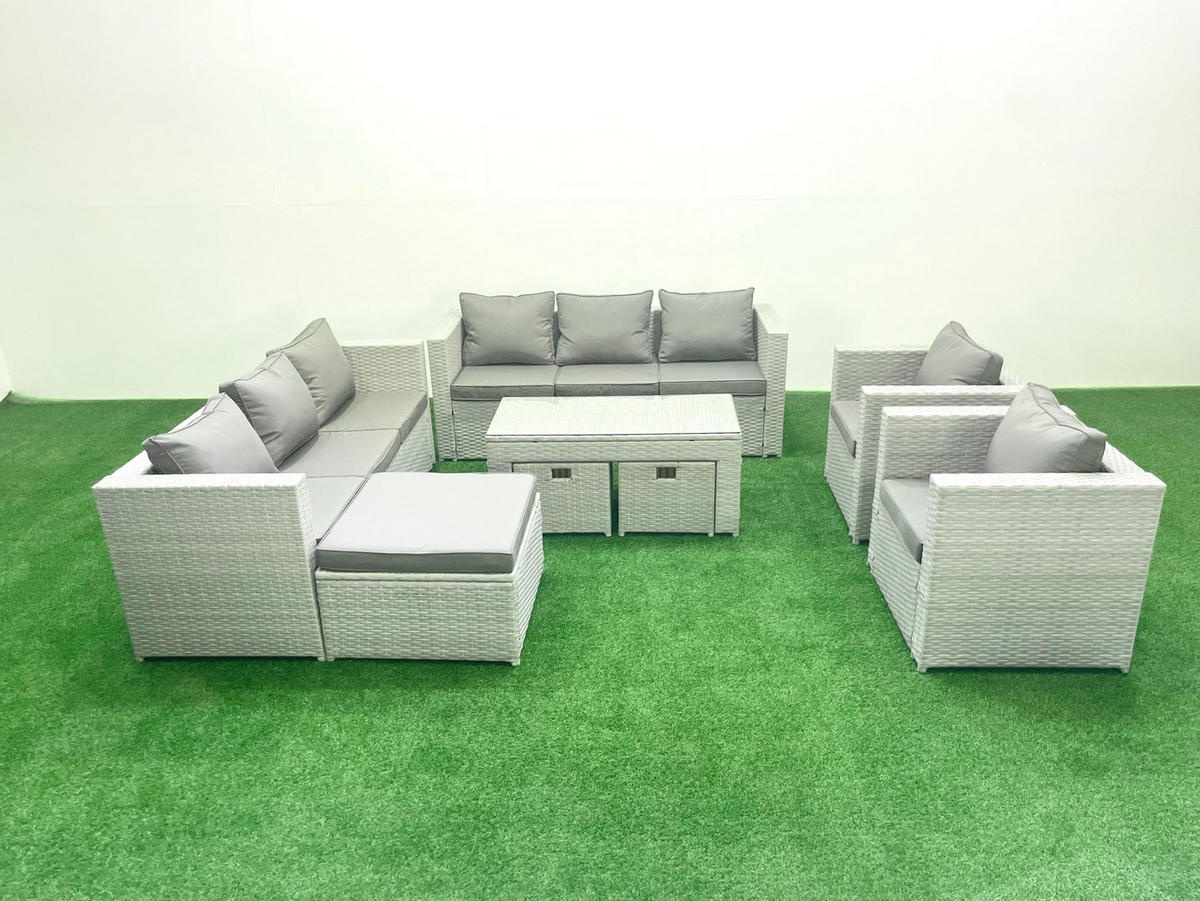 GARTENSOFA hohe Rückenlehne Polyrattan Hellgrau-Mix 11-Sitzer - Hellgrau/Grau, Glas/Kunststoff - Fimous