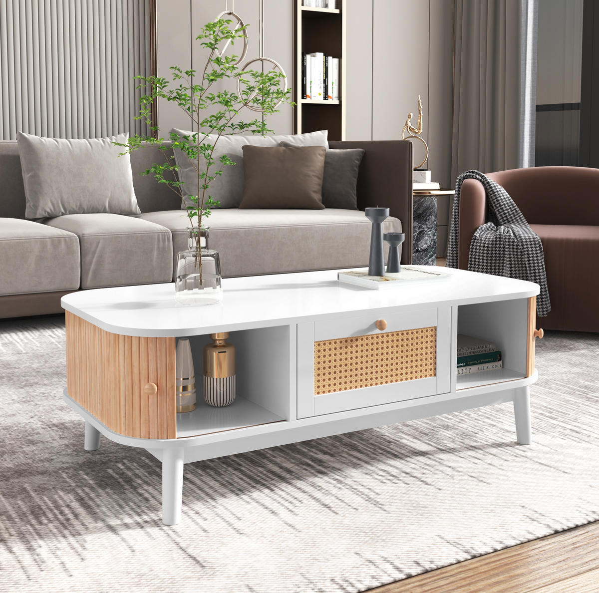 COUCHTISCH 110/55/38,5 cm in Weiß mit Rattan-Details und Stauraum - Weiß, Holzwerkstoff (110/55/38.5cm) - Flora Grace