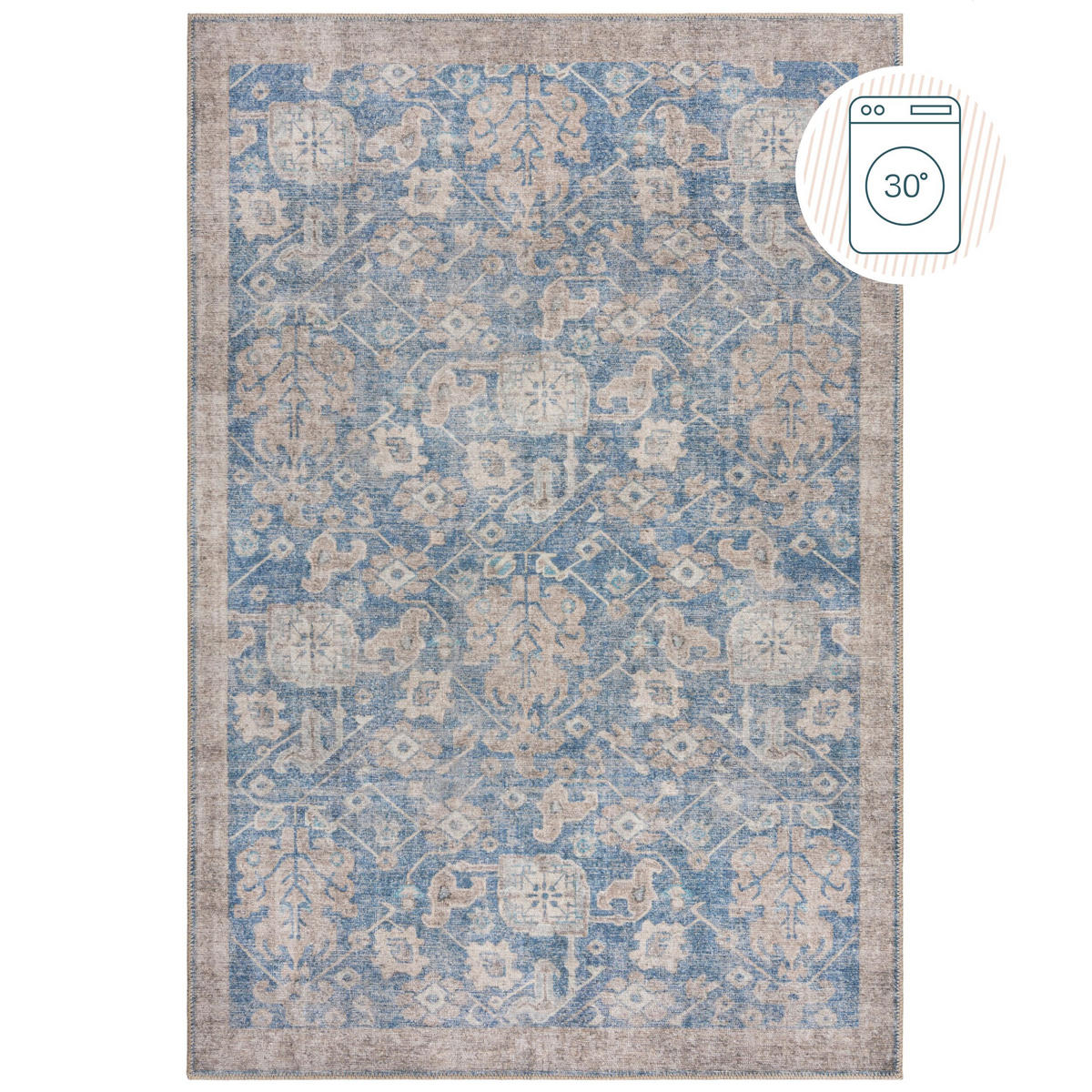 TEPPICH waschbar Vintage Floral, Orientalisch, Wohnzimmer schmutzabweisend Blau Rechteckig 190x290 - Blau, Textil (190/290cm) - KADIMA DESIGN