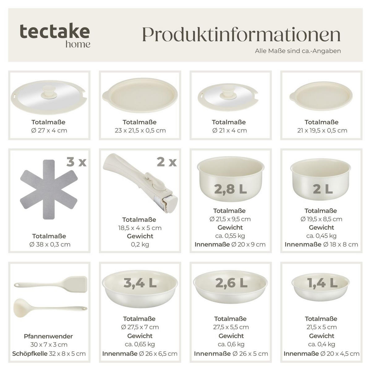 KOCHTOPFSET Genua,2 Küchenwerkzeuge und 3 Topfschoner aus Filz,weiß - Weiß, Metall - tectake
