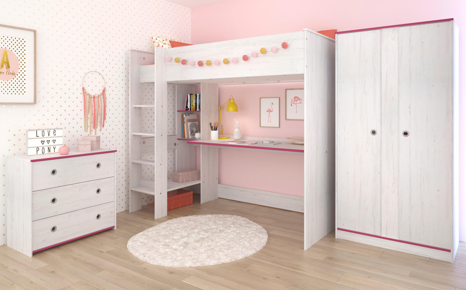 KINDERZIMMER Set Hochbett Schreibtisch Kommode Kleiderschrank - Blau/Weiß, Holz/Holzwerkstoff (206/182/108cm) - Parisot Meuble