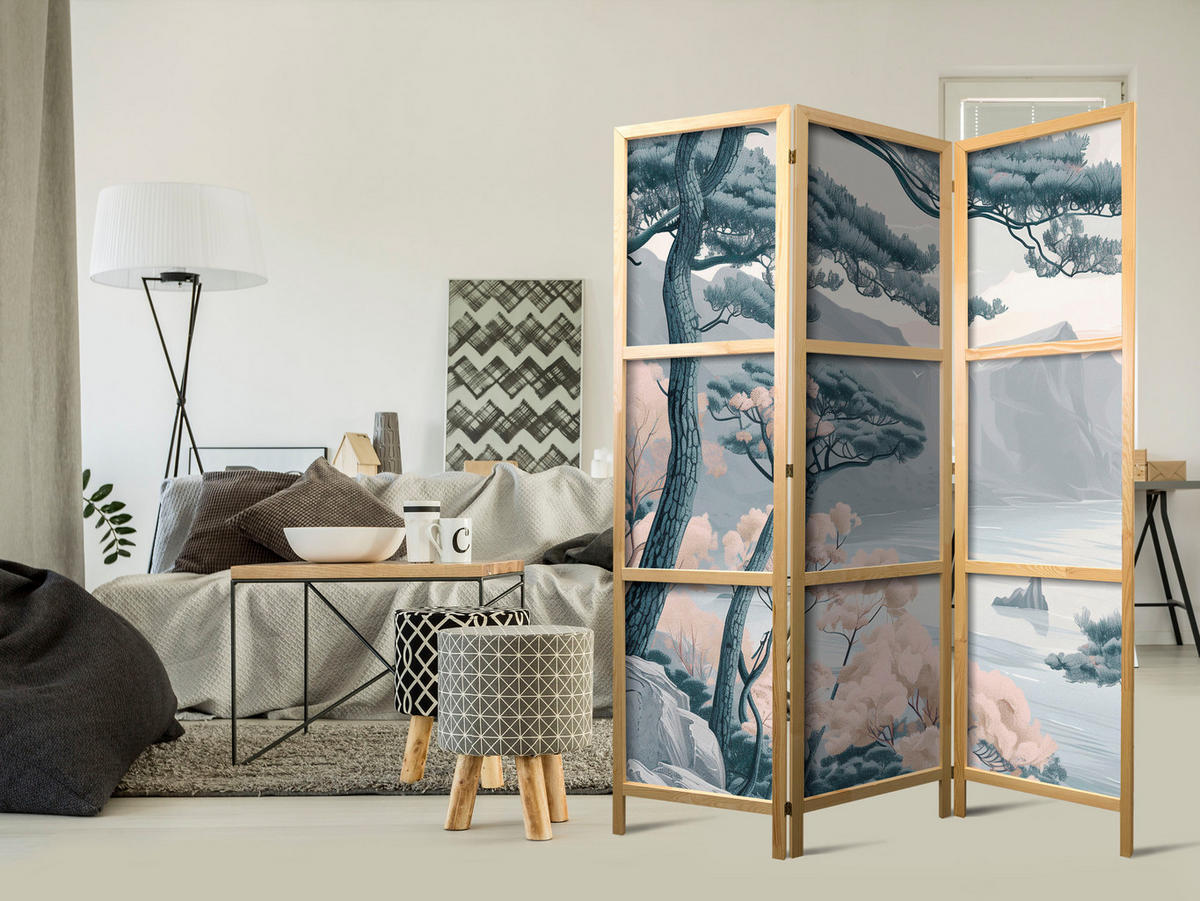 PARAVENT Japanischer 3-tlg 135x172 cm Berg Landschaft - Grau, Holz/Textil (135/172/3cm) - Muralo
