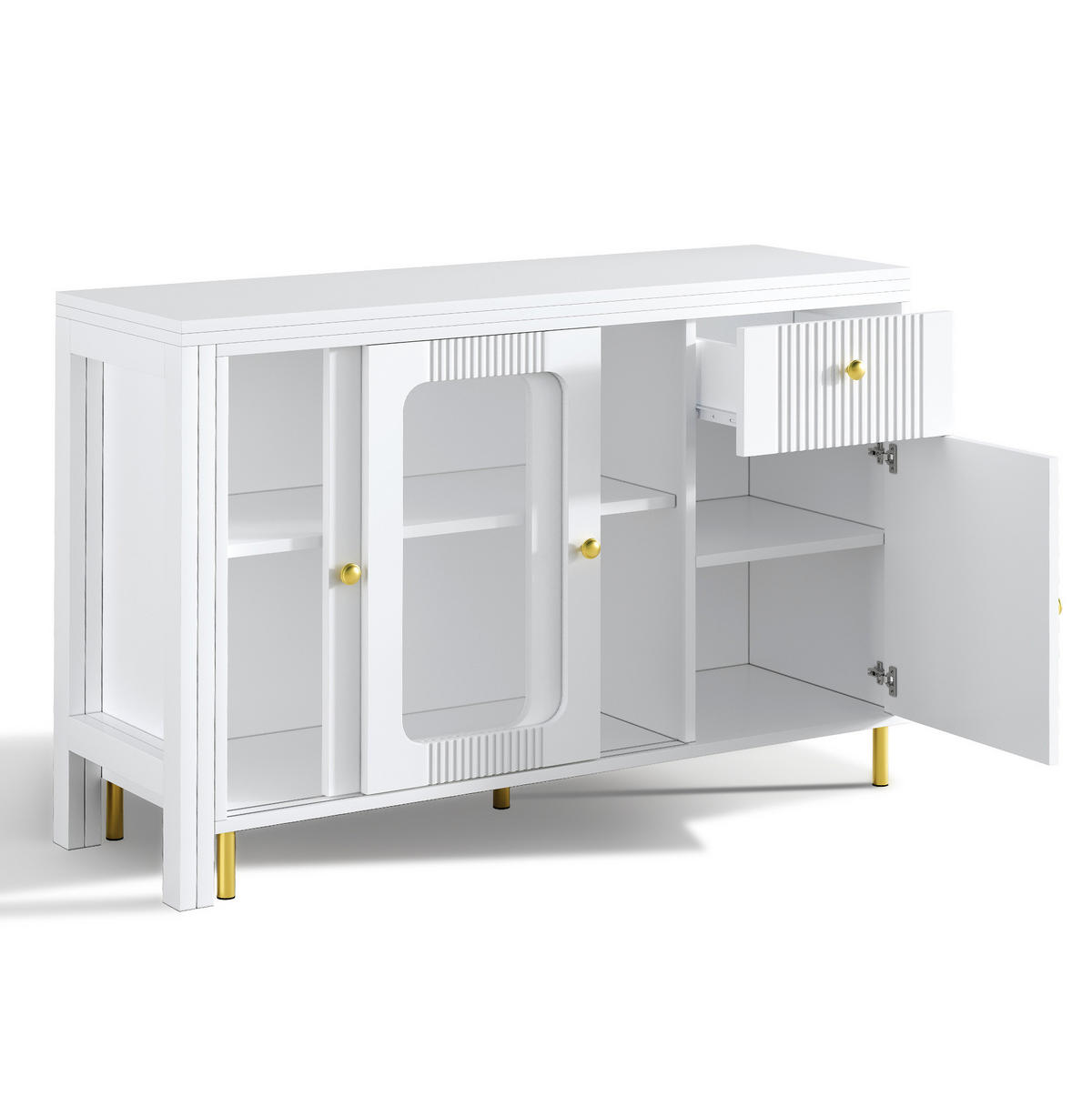 SIDEBOARD 116/40/78,5 cm in Weiß mit Auszugstisch, Glastüren & Schubladen - Weiß, Holzwerkstoff (116/78/40cm) - BEAOK
