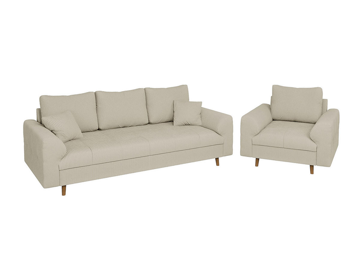 SITZGARNITUR 3+1 Alma Beige Cord - Beige/Braun, Holz/Textil (210/81/93cm) - S-Style Möbel