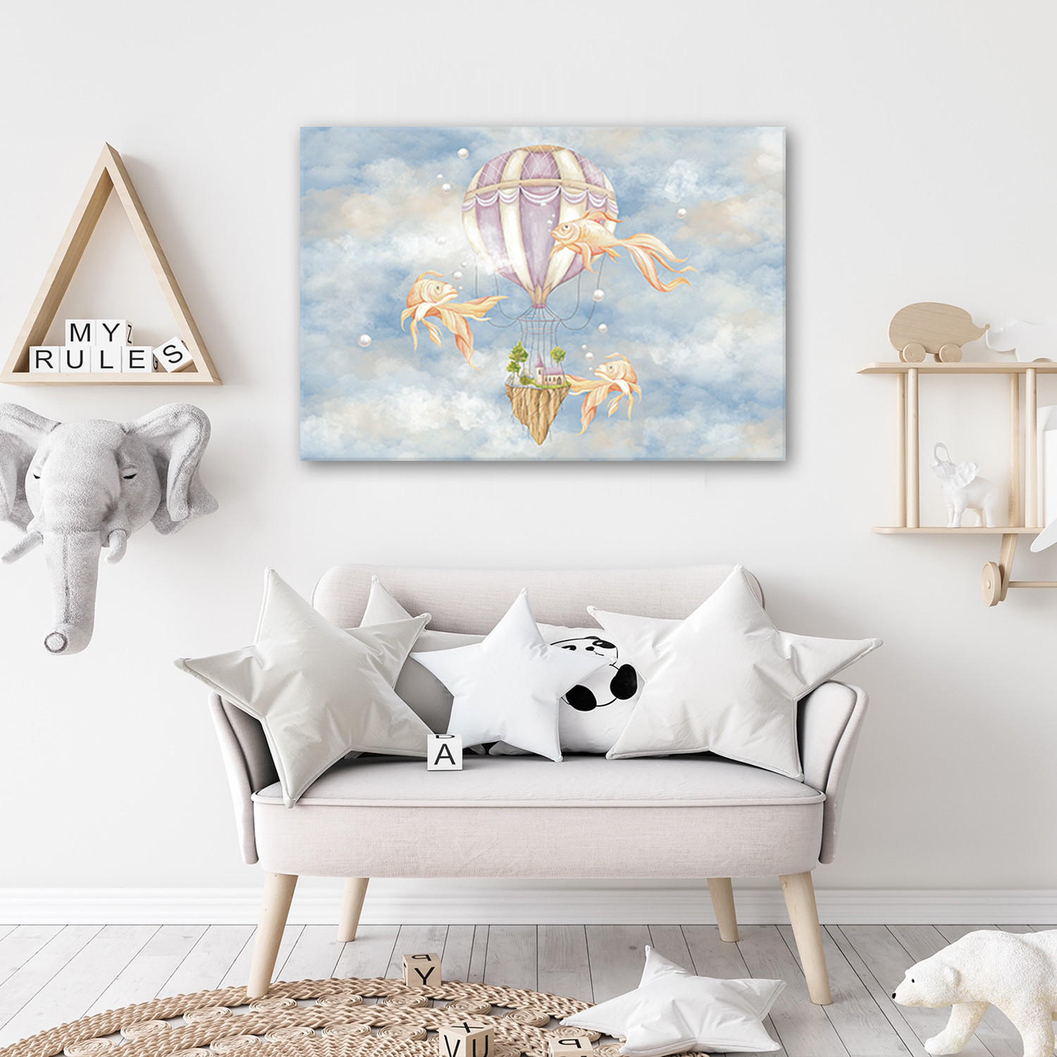 WANDBILD heißluftballon fliegendes haus und fisch - Blau, Textil (60/40cm) - Feeby