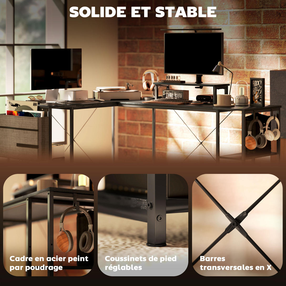 ECKSCHREIBTISCH im Industriedesign flexibel aufbaubar mit Ablagen und Monitoraufsatz 168/120/90 cm - Schwarz, Holzwerkstoff (120/168/90cm) - PANGIVO