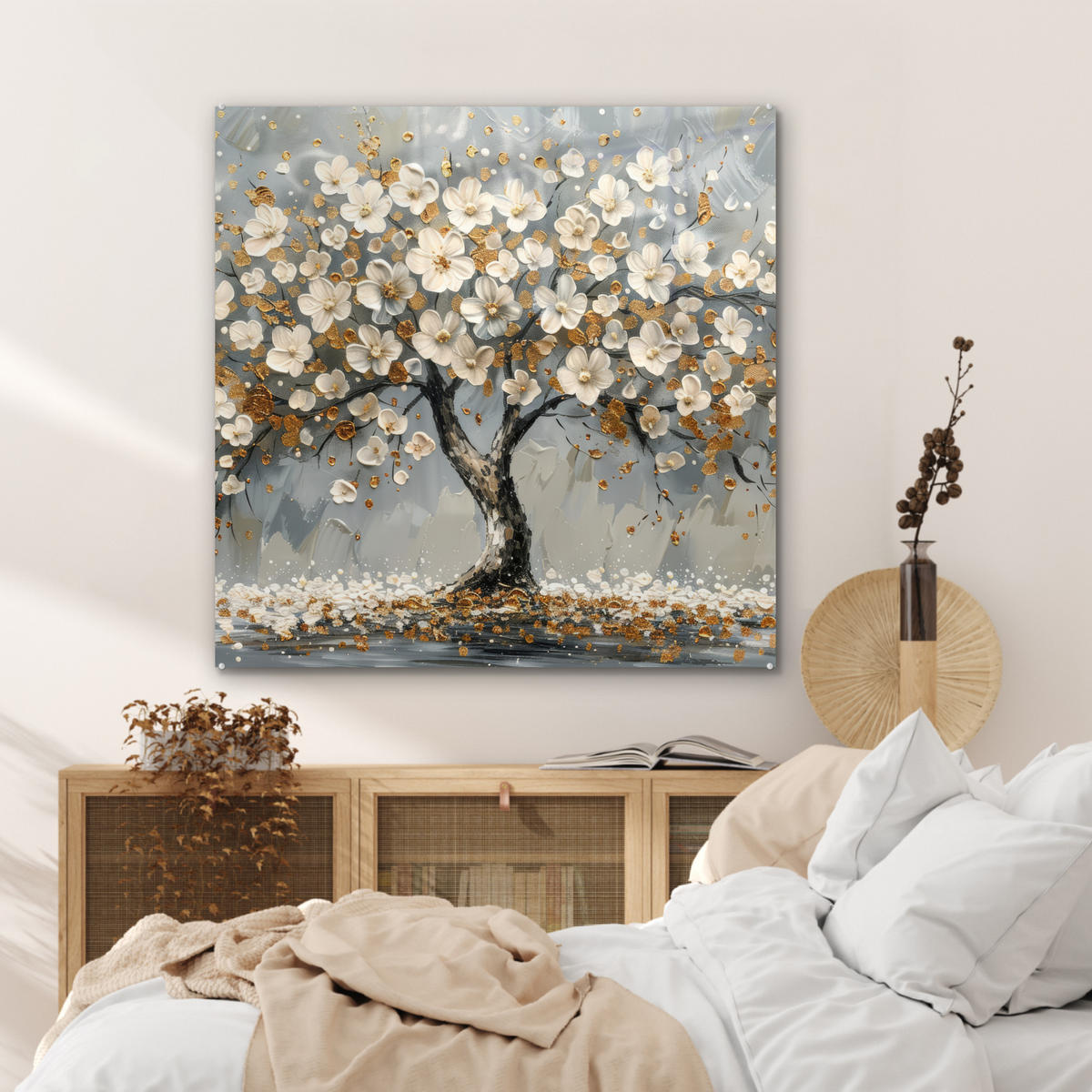 ACRYLGLASBILD Baum - Blumen - Weiß - Natur - Kunst 90x90 cm - Weiß, Glas (90/90cm) - MuchoWow