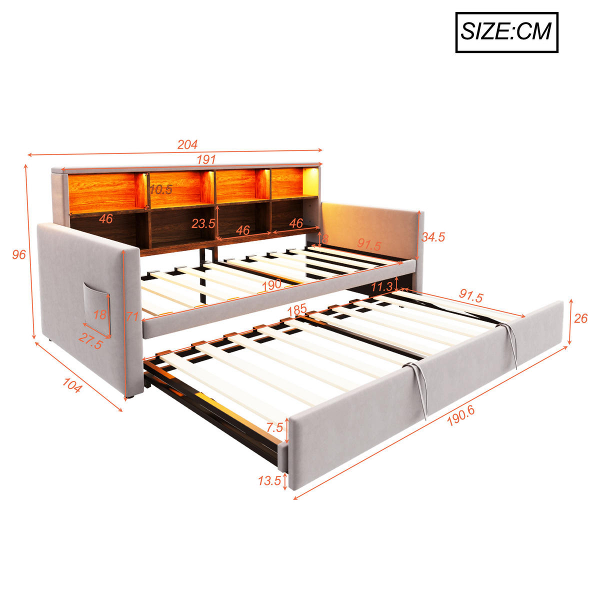 POLSTERBETT 90/190 cm Hellgrau aus Samt mit Ausziehbett und LED-Beleuchtung - Hellgrau, Textil (90/190cm) - OKWISH