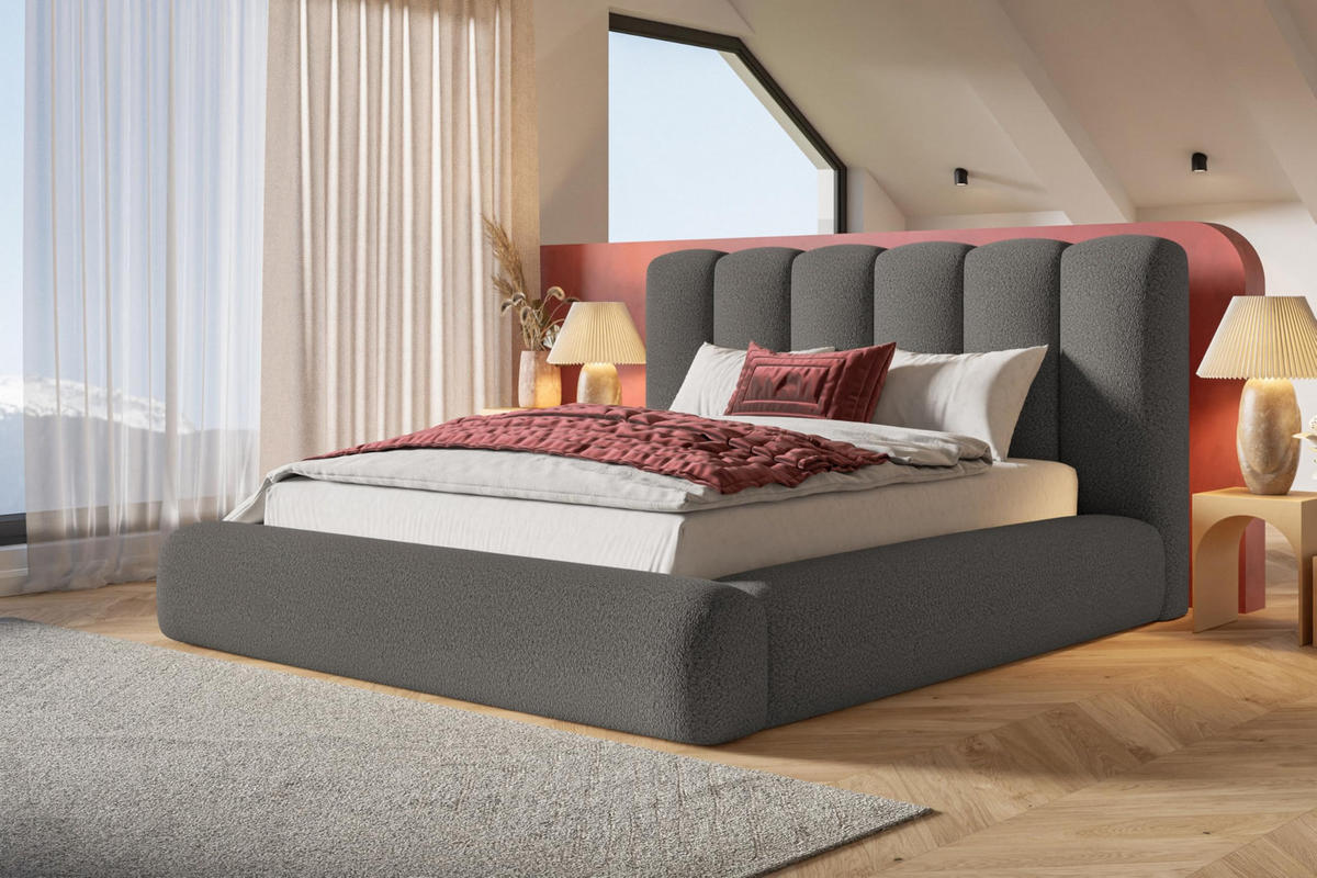 BETT 180x200 - Polsterbett mit Bettkasten und Metallrahmen - Modern Bett - Eleganter Catch Me-Stoff - Kollektion Alva Maxi - Grau - Grau, Holz/Textil (180/200cm) - Alpi-Möbel