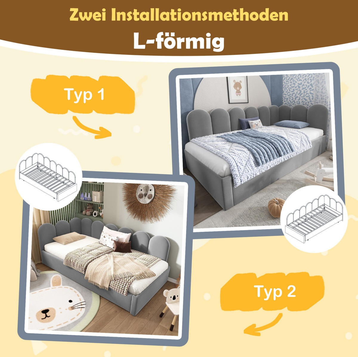 POLSTERBETT 90/200 cm mit Ausziehbett 90/190 cm, Samtbezug, Gitter-Design und Lattenrost, Grau - Grau, Textil (90/200cm) - Redom