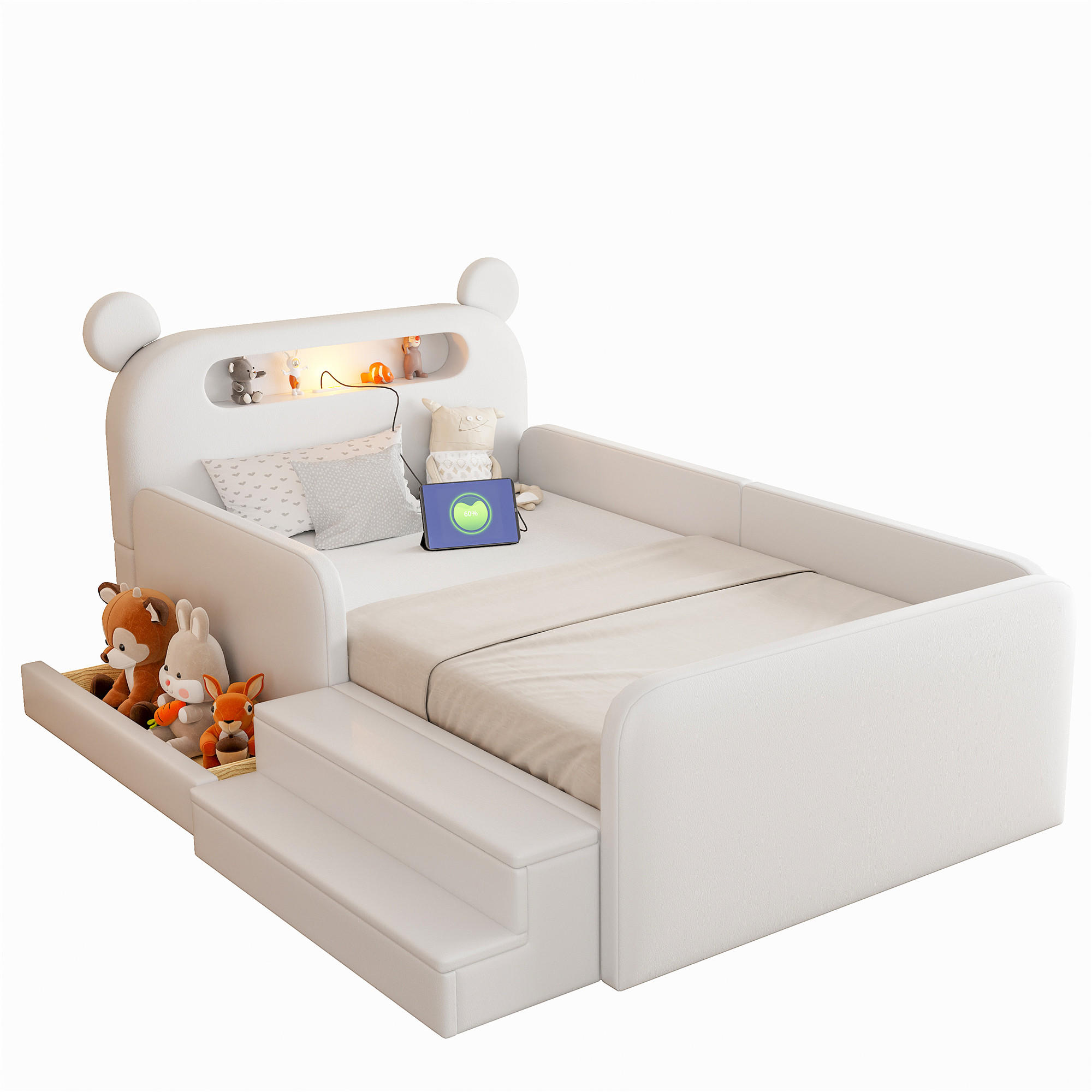 KINDER POLSTERBETT 90x200 Bär Kopfteil USB Stauraum Nachtlicht Weiß - Weiß, Holzwerkstoff (90/200cm) - FLIEKS