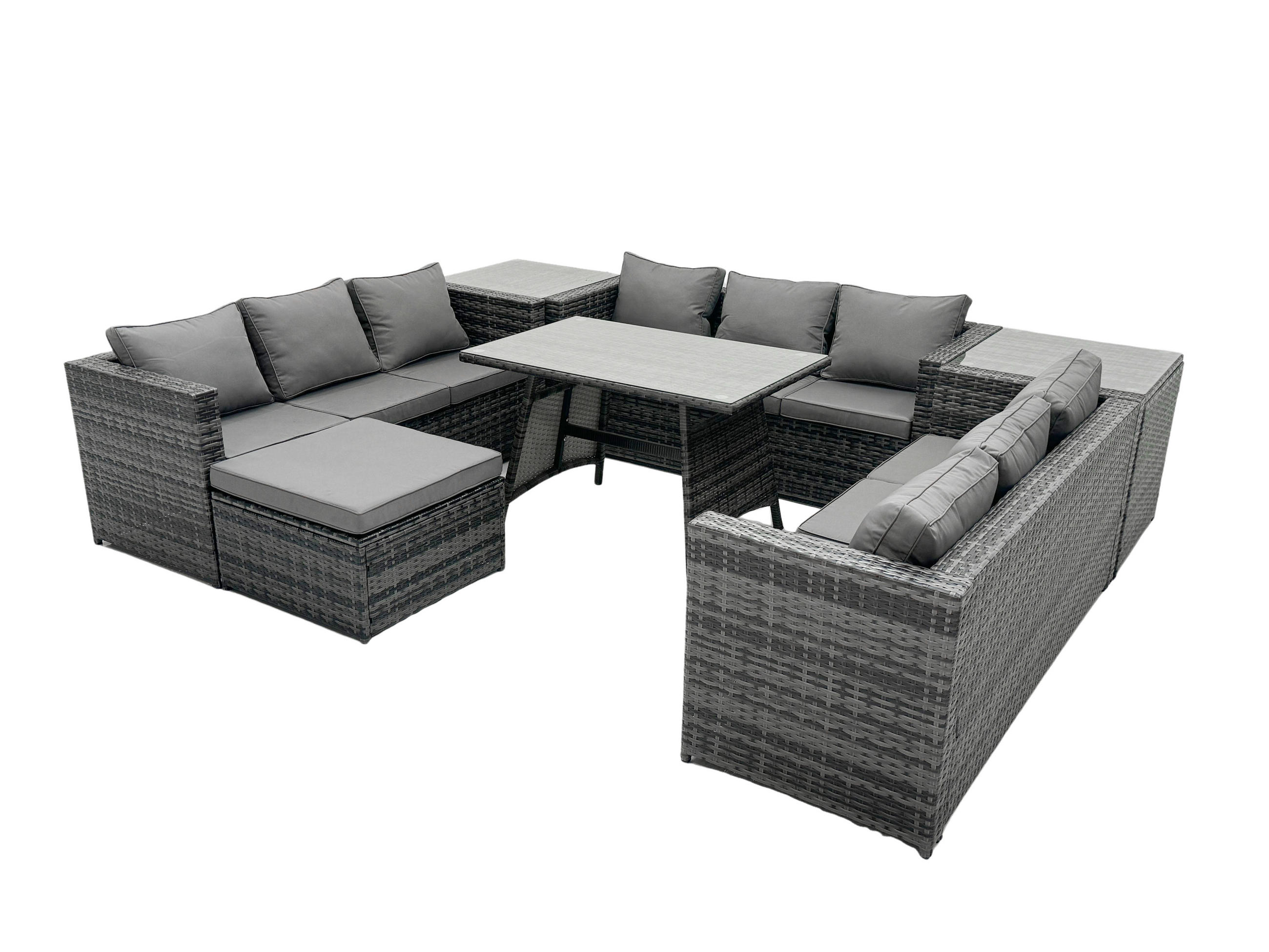 GARTENMÖBEL SET PE Polyrattan 10-Sitzer Grau - Dunkelgrau/Grau, Glas/Kunststoff - Fimous