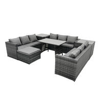 GARTENMÖBEL SET PE Polyrattan 10-Sitzer Grau - Dunkelgrau/Grau, Glas/Kunststoff - Fimous