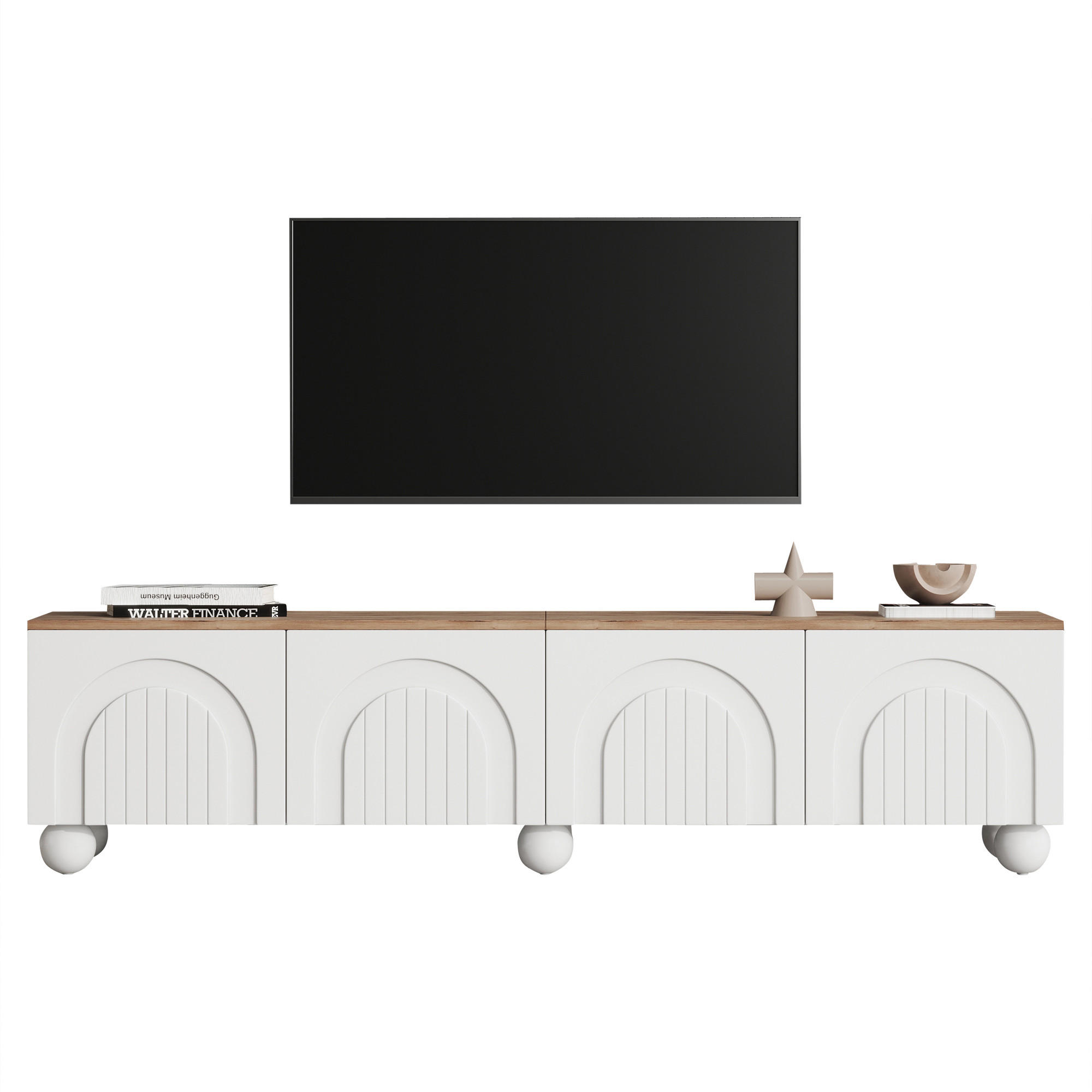 STILVORA TV STOLEK bílý se 4 skříňkami a 6 kovovými kulovými nohami pro TV do 80", 180×40×45 cm