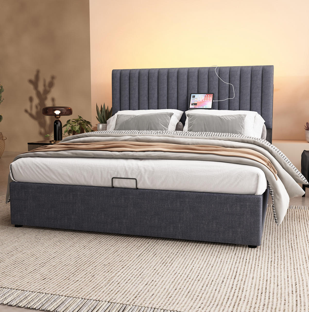 POLSTERBETT 160/200 cm Grau mit LED-Beleuchtung, Stauraum und USB- und Type-C-Anschlüssen - Grau, Textil (160/200cm) - Flora Grace