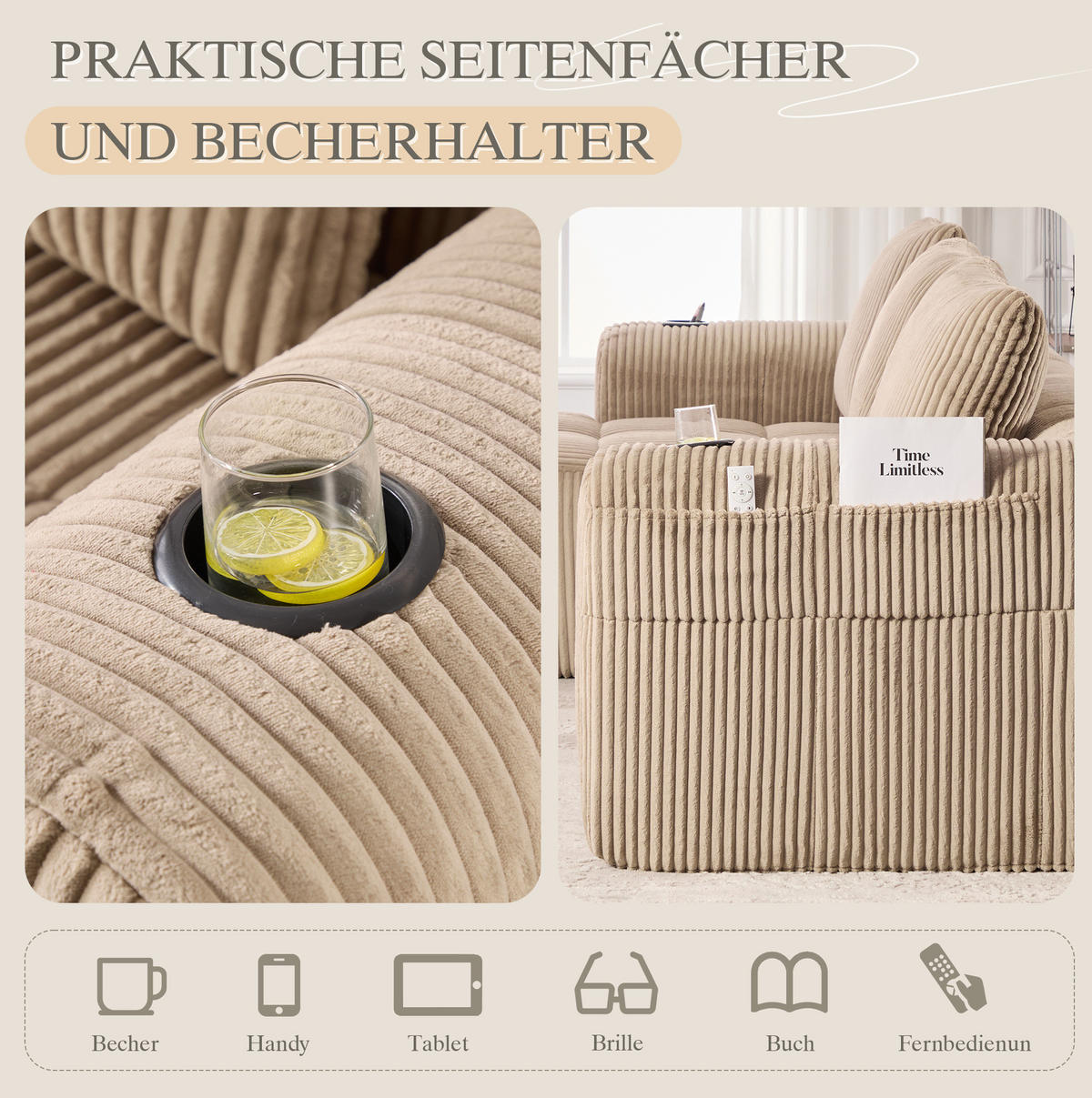KOMPAKTSOFA Cord mit Seitentaschen und Becherhalter 253/158/61 cm Sandfarben - Sandfarben, Textil (158/253cm) - Redom