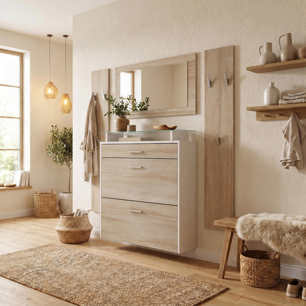 SET garderobe Malea Bijela mat/Hrast piljeni - hrast San Remo, drvni materijal (180/180/23cm) - Vladon