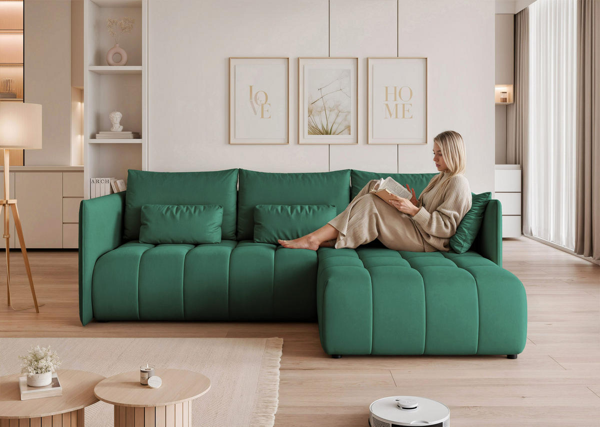ECKSOFA CLEO mit Schlaffunktion und Bettkasten Grün - Grün, Holzwerkstoff/Kunststoff (245/180cm) - Idohome