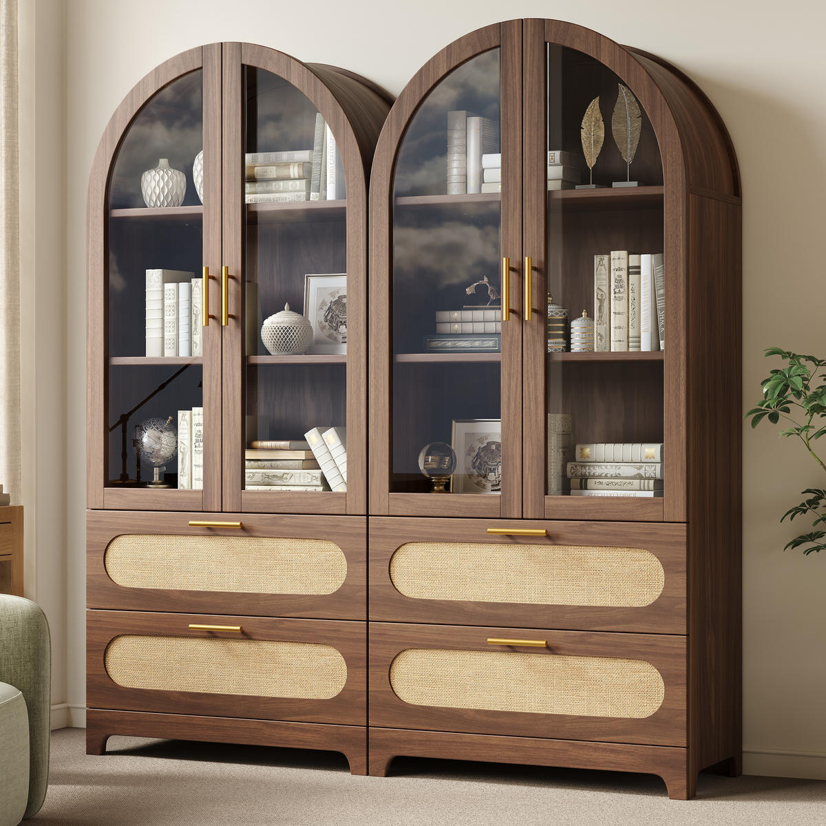 VITRINE in Nussbaum Bücherregal mit 2 Schubladen und verstellbaren Böden, H175/B80/T40cm - Transparent/Naturfarben, Glas/Holzwerkstoff (80/175/40cm) - STILVORA