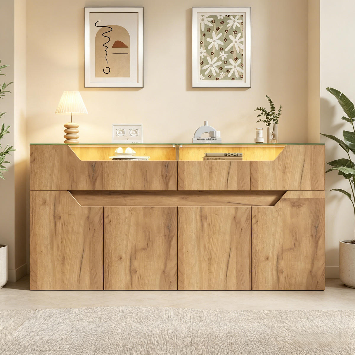 SIDEBOARD in Holzoptik Aufbewahrungsschrank mit 2 Schubladen und gehärteter Glasplatte, 140/40/70cm,für Esszimmer & Wohnzimmer - Naturfarben, Glas/Holzwerkstoff (140/70/40cm) - STILVORA