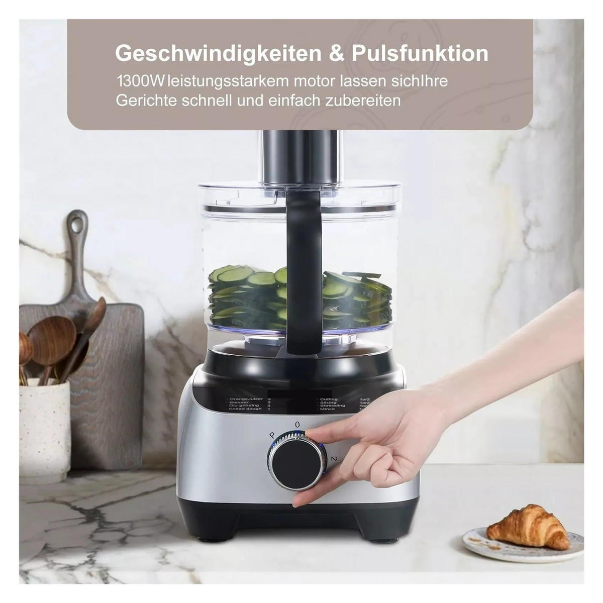 KÜCHENMASCHINE Silber mit Mixfunktion, Geschwindigkeitsstufen, Zubehörset - Silberfarben, Kunststoff (41.3/30.51/43.1cm) - Korfee