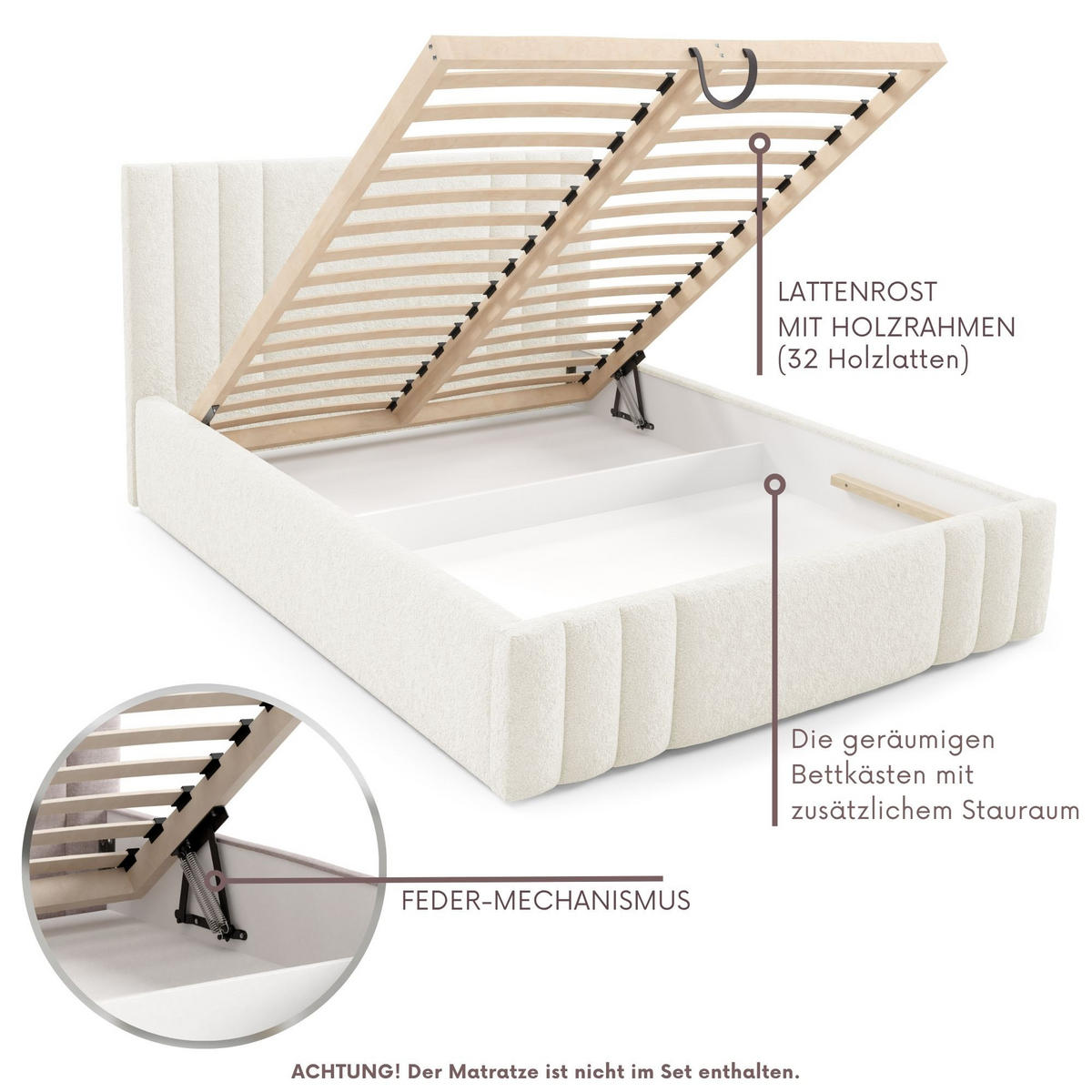 POLSTERBETT RIVIO Bettkasten Lattenrost 140x200 Creme - Creme, Holz (140/200cm) - Furnistar