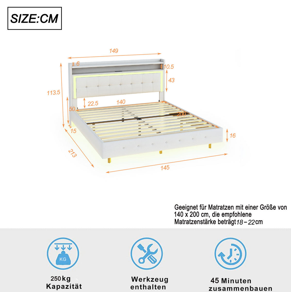 POLSTERBETT 140/200 cm Beige aus Stoff mit USB-Steckdose und LED-Beleuchtung - Beige, Textil (140/200cm) - OKMYHOME