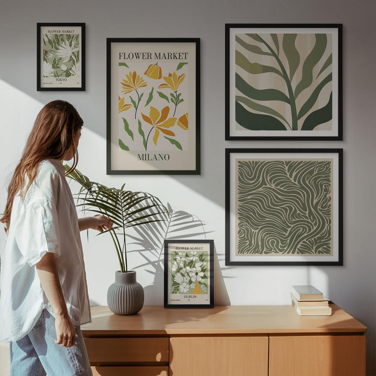 WANDBILDER 5er-Set - 50x50 cm & 20x30 cm & 40x60 cm Schwarzer Rahmen - Pflanzenmuster, Boho-Dekorationen - Schwarz, Kunststoff (40/60cm) - ArtPrintCave