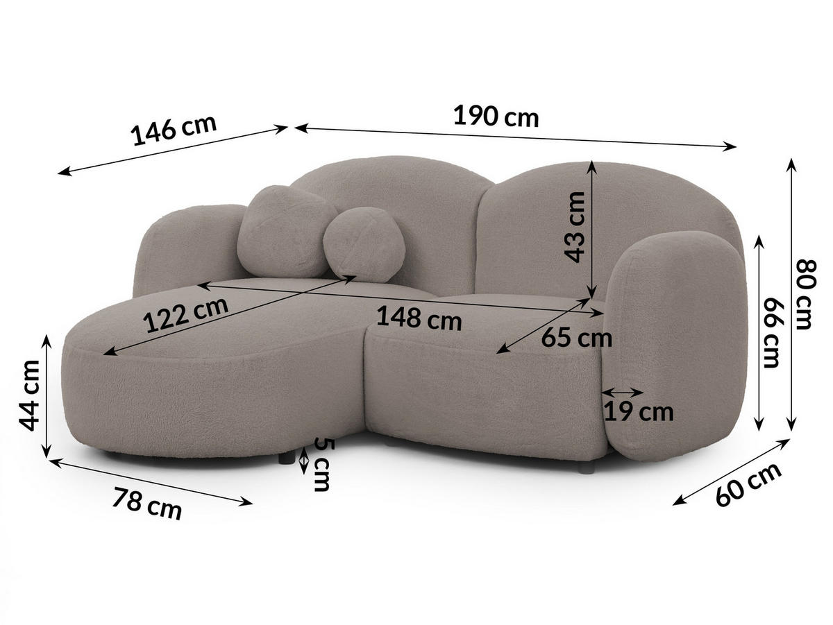 ECKSOFA Nuvola mit abgerundetem Design Hellgrau Bouclé-Stoff - Ottomane Links - Hellgrau/Schwarz, Holz/Kunststoff (190/146cm) - S-Style Möbel