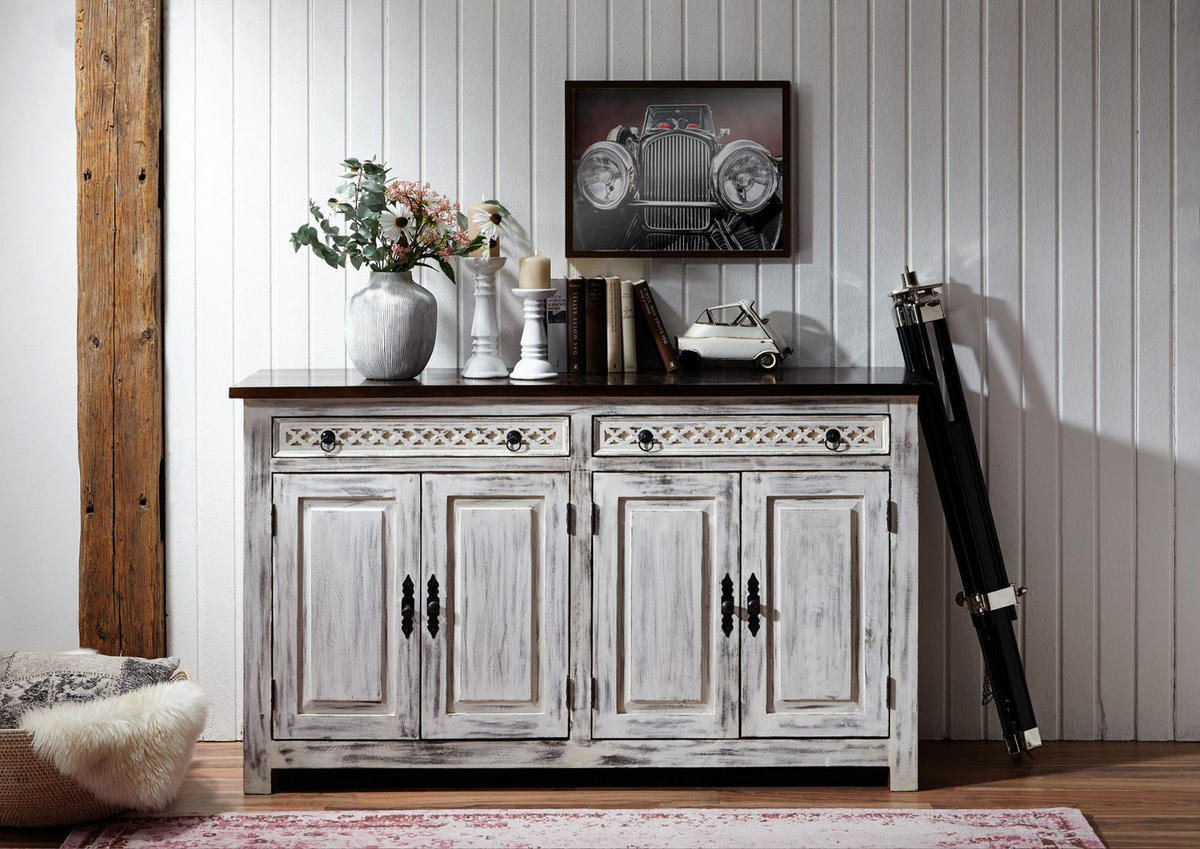 SIDEBOARD Mango / Akazie 150x45x90 weiß gewachst CASTLE-ANTIK #261 - Weiß, Holz (150/90/45cm) - Massivmoebel24