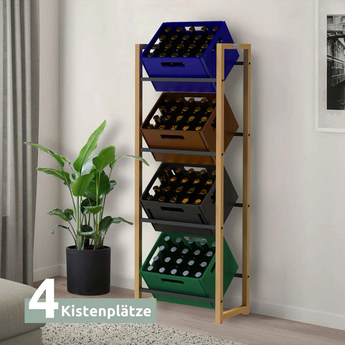 2ER Set Getränkekistenregal mit Ablage - Bambus / Schwarz - 8 Kisten - Naturfarben, Holz (56/153/32cm) - holz4home