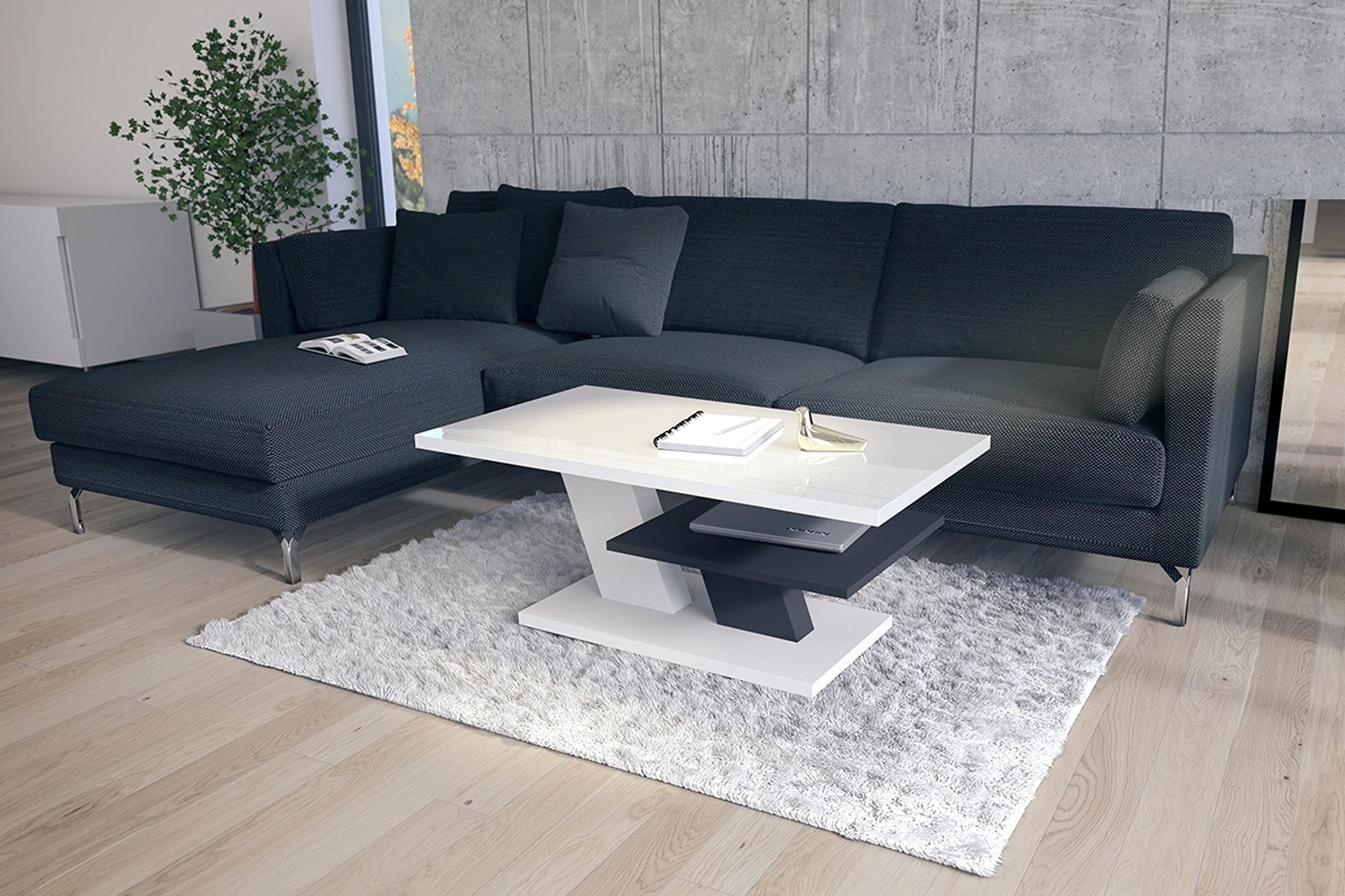 COUCHTISCH rechteckig Weiß Hochglanz - Anthrazit mit Ablage - Weiß Hochglanz/Anthrazit, Holzwerkstoff (60/110/45cm) - designimpex