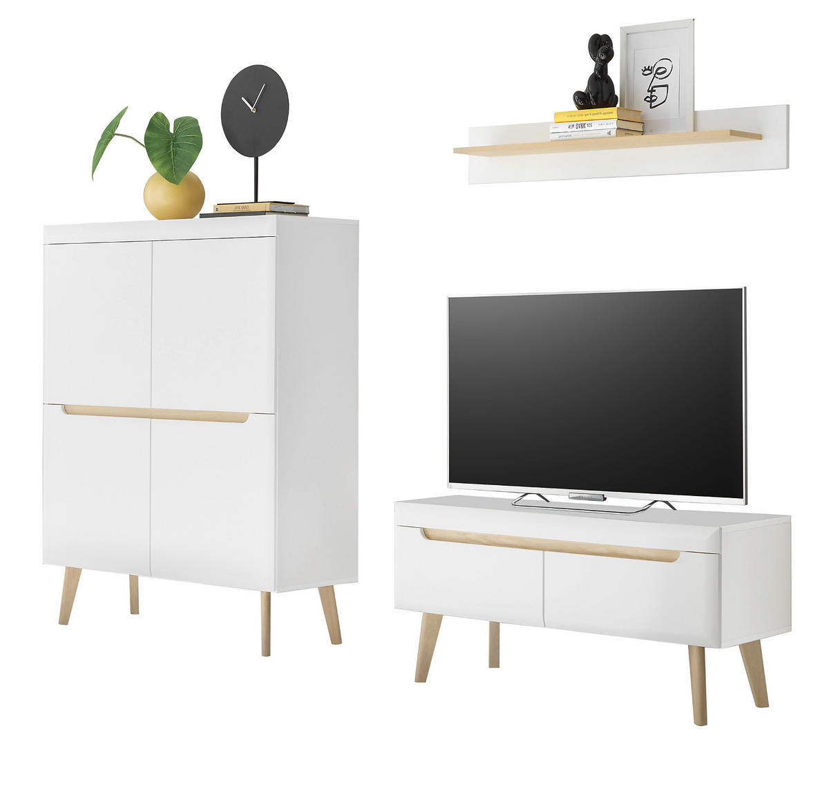 WOHNWAND 3-teilig weiß matt, Eiche, skandinavisch 234 cm, Wohnkombination mit Soft-Close - Eichefarben/Weiß, Eichenholz/Holz (234/170/40cm) - Furn.Design