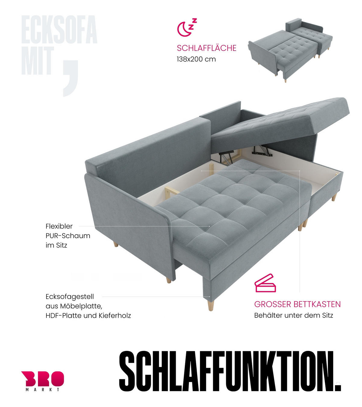 ECKSOFA Fado mit Schlaffunktion Blau Samtstoff - Blau, Textil (210/141cm) - Bromarkt