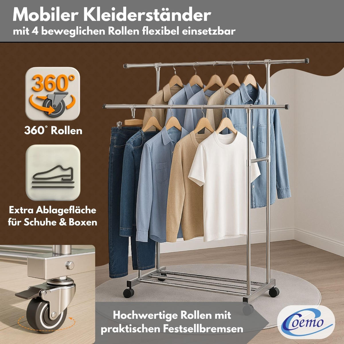 KLEIDERSTÄNDER rollbar, 2 Kleiderstangen 160/42/162 cm - Silberfarben, Metall (42/160/160cm) - Coemo
