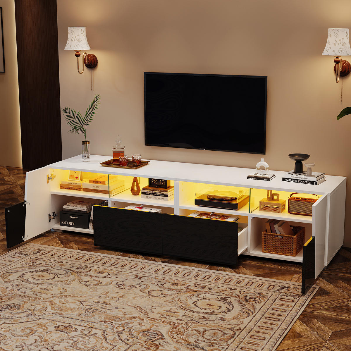 TV LOWBOARD 180cm Hochglanz LED 2 Schubladen 2 Schränke Weiß Schwarz - Weiß, Holzwerkstoff (38.5/45/180cm) - FLIEKS