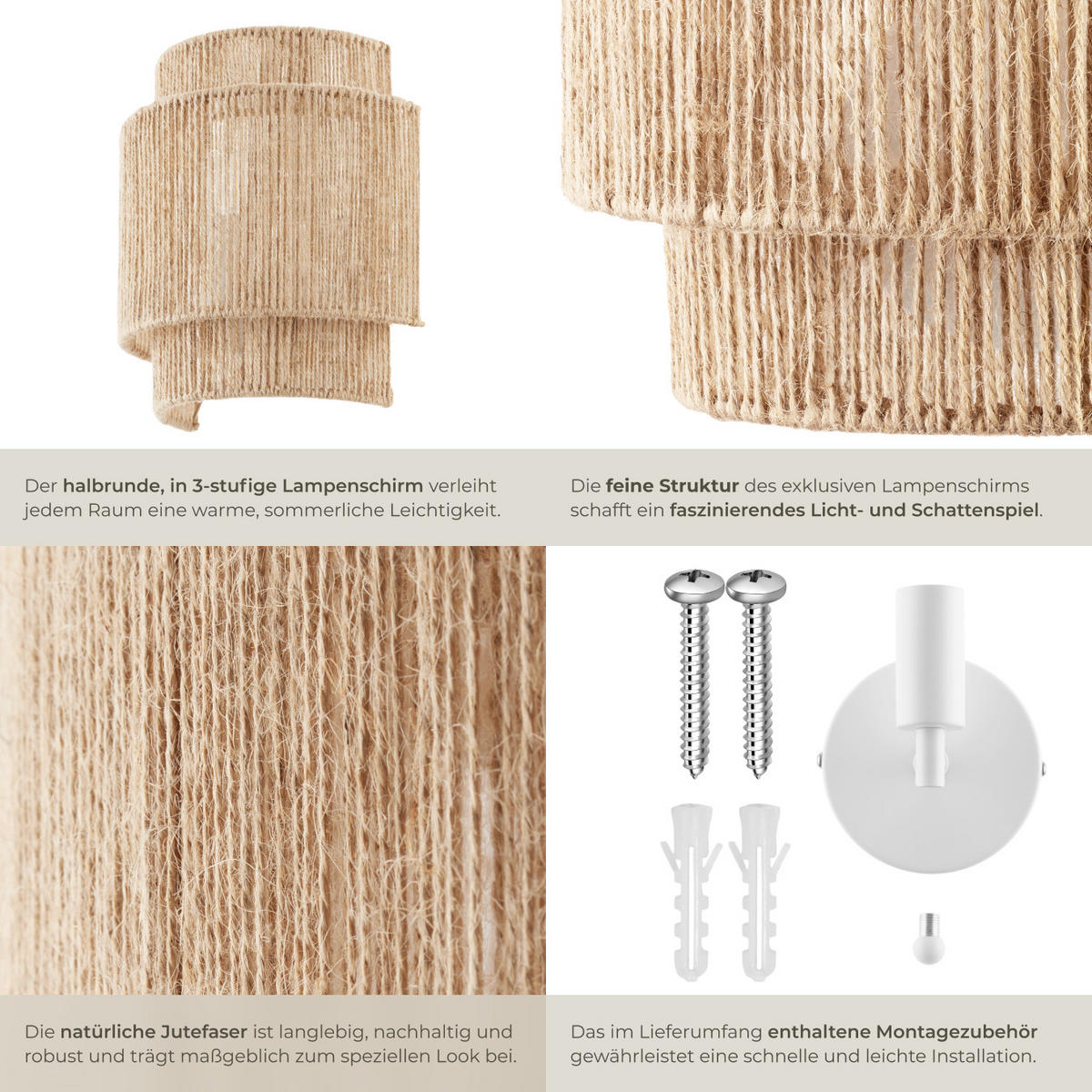 WANDLEUCHTE Lignea Lux aus Jute,23 x 12 x 25,5 cm,natur - Naturfarben, Metall (23/25.5/12cm) - tectake