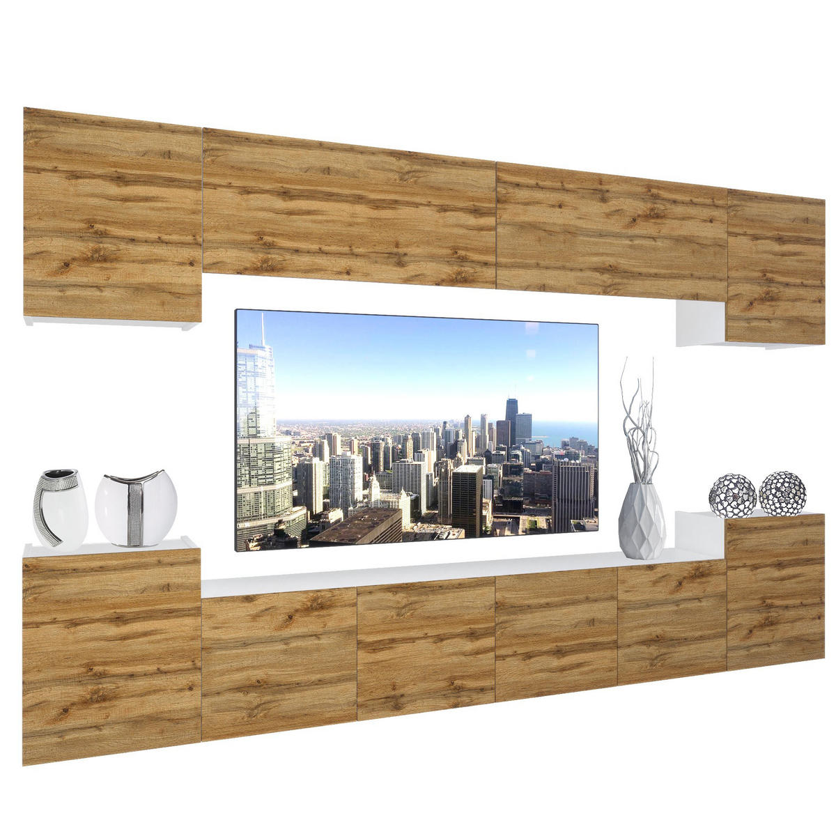 WOHNZIMMERWAND Schrankwand mit LED Wotan-Eiche - Braun, Holz (300/180/36cm) - B BELINI GROUP